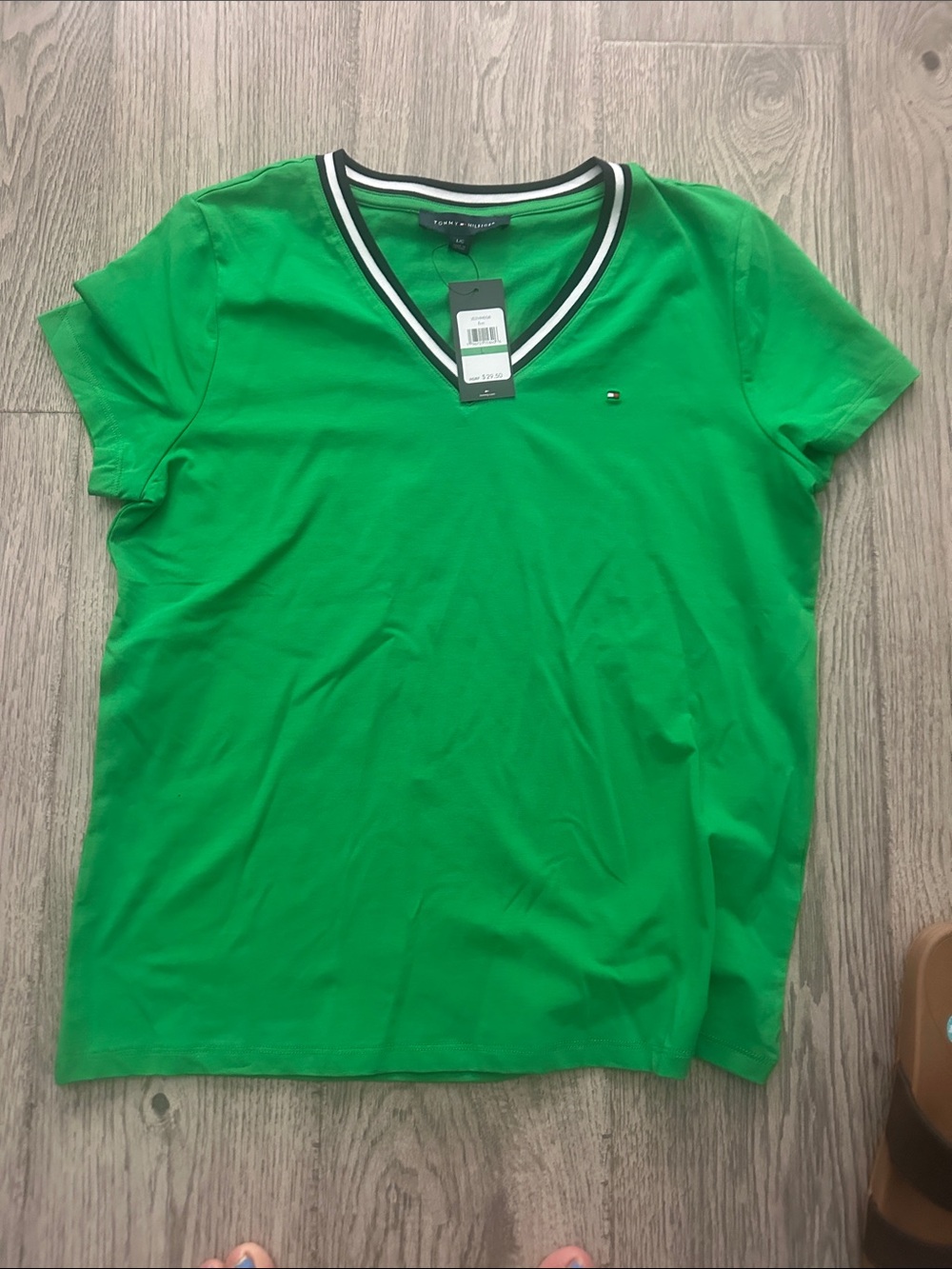 Tommy Hilfiger Bright Green V-Neck Short Sleeve Tee with Striped Trim